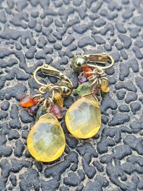 Vintage Yellow Teardrop Cluster Clip-On Earrings with Multicolor Beads